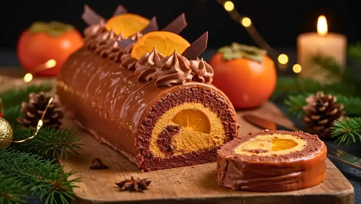 Bûche de Noël au chocolat garnie de crème au kaki avec décorations gourmandes et tranche servie