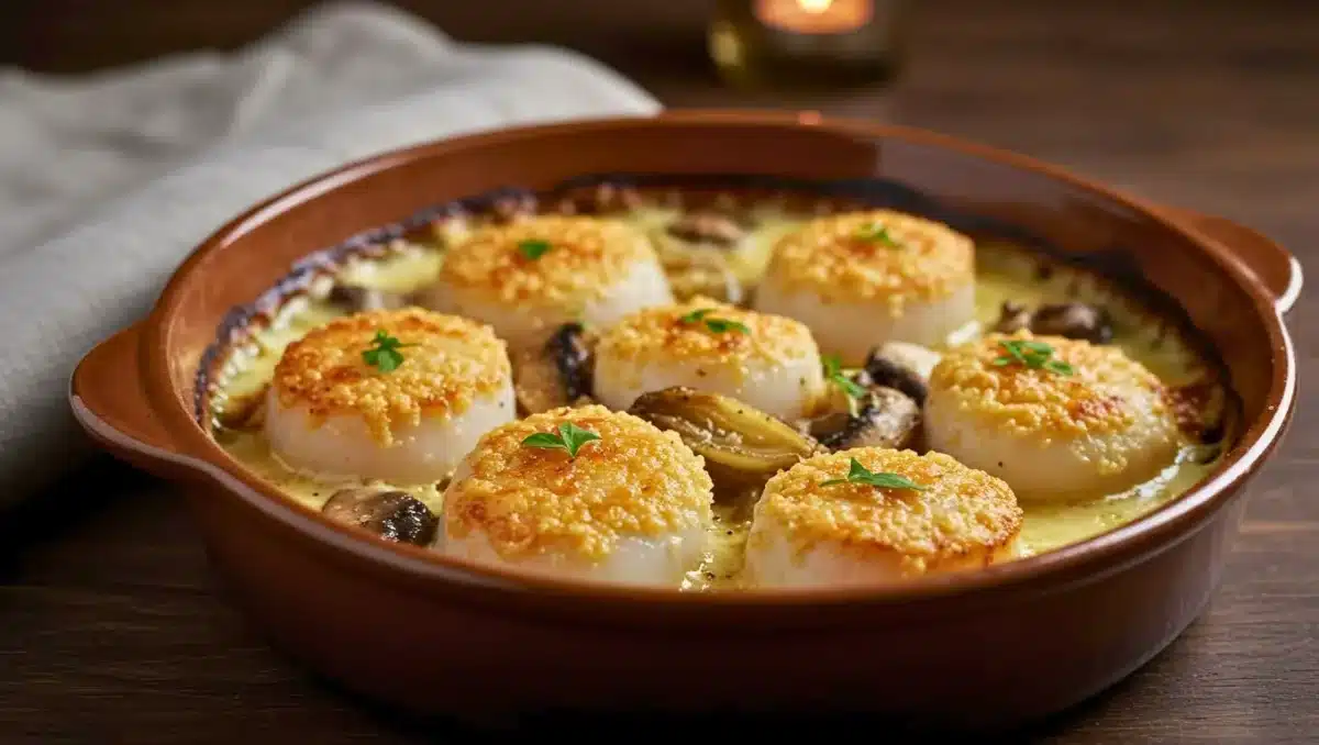 Gratin de noix de Saint-Jacques recouvert d’une chapelure dorée, accompagné de champignons et d’échalotes dans un plat en terre cuite.