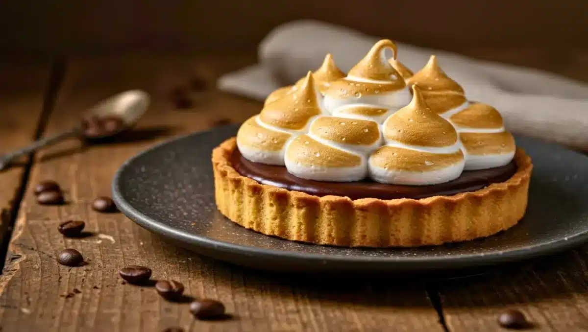 Tarte au chocolat sur pâte sablée, surmontée de pointes de meringue au café dorées au chalumeau, présentée sur une assiette sombre.