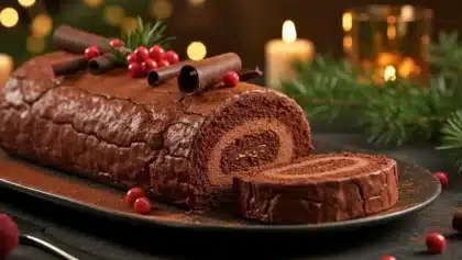 Bûche roulée au chocolat sans gluten, à la texture fondante et craquelée, décorée de cacao, de rouleaux de chocolat et de baies rouges, avec une tranche coupée laissant apparaître l’intérieur chocolaté.