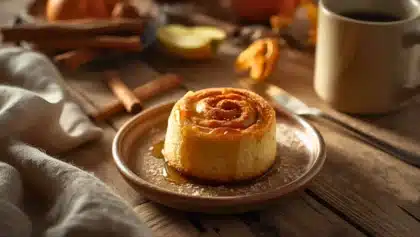 Petit gâteau à la cannelle moelleux nappé d’un glaçage léger, servi chaud sur une assiette avec un café, ambiance cocooning.