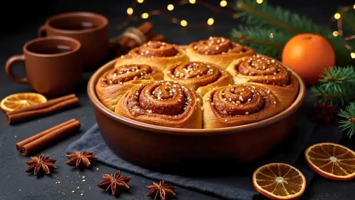 Brioche roulée aux épices façon cinnamon rolls, cuite en cercle dans un plat, dorée et saupoudrée de sucre perlé, entourée de bâtons de cannelle, étoiles de badiane et rondelles d’orange séchée dans un décor de Noël.