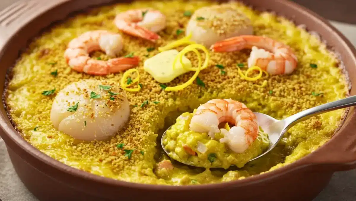 Gratin de Saint-Jacques et crevettes dans un plat en terre cuite, avec surface dorée, chapelure croustillante, zestes de citron et morceaux de fruits de mer visibles, une cuillère servant une portion crémeuse.