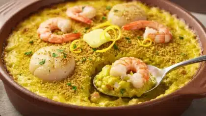 Gratin de Saint-Jacques et crevettes dans un plat en terre cuite, avec surface dorée, chapelure croustillante, zestes de citron et morceaux de fruits de mer visibles, une cuillère servant une portion crémeuse.