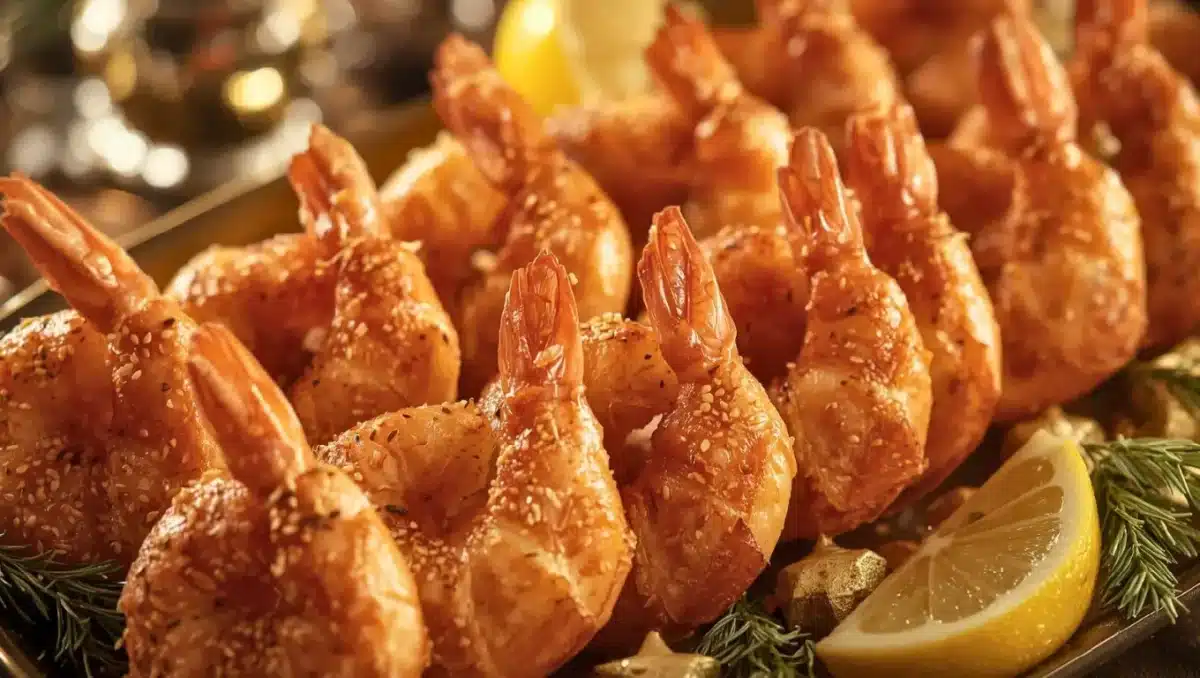 Crevettes enrobées de pâte feuilletée dorée, parsemées de graines, servies pour un apéritif festif.