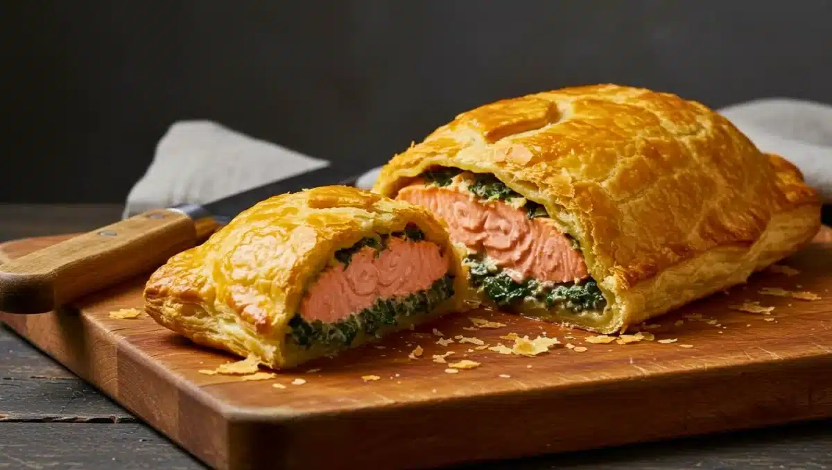 Saumon en croûte doré et feuilleté, coupé pour révéler un pavé de saumon rosé entouré d’épinards et de champignons, posé sur une planche en bois avec un couteau à manche en bois.