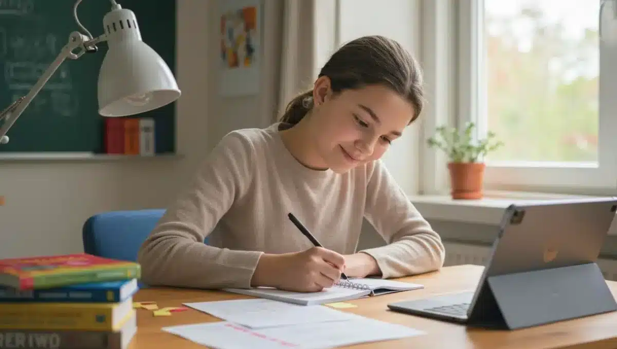 Jeune élève concentrée à son bureau, écrivant dans un cahier à côté d’une tablette et de livres scolaires, illustrant le travail de la dictée, la pratique régulière et l’entraînement à l’orthographe.