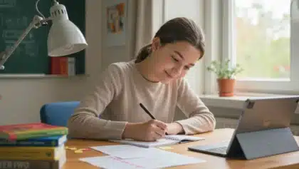 Jeune élève concentrée à son bureau, écrivant dans un cahier à côté d’une tablette et de livres scolaires, illustrant le travail de la dictée, la pratique régulière et l’entraînement à l’orthographe.