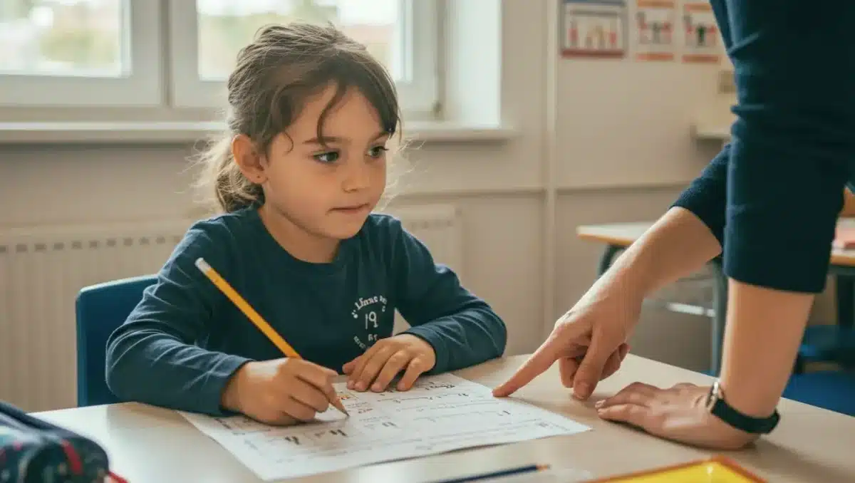 Jeune élève en classe, tenant un crayon et travaillant sur une fiche d’exercices de français, tandis qu’un enseignant lui montre une consigne — scène représentant l’apprentissage de la grammaire et les difficultés rencontrées lors des évaluations nationales.