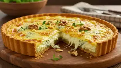 Tarte aux trois fromages dorée et fondante, avec un morceau manquant laissant apparaître la garniture filante au bleu, mozzarella et gruyère, décorée de noix et de thym.