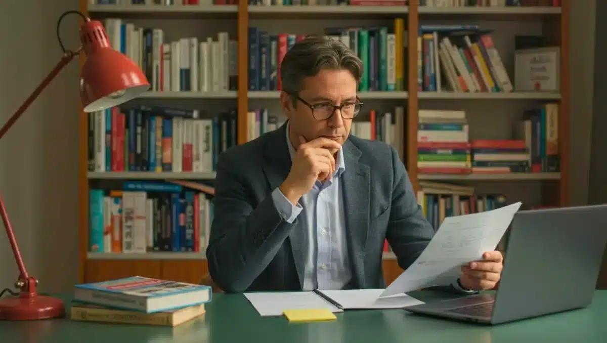 Homme concentré dans un bureau, lisant et annotant un document devant son ordinateur portable, illustrant l’analyse linguistique et la réflexion sur l’usage des anglicismes comme “coacher” dans les écrits professionnels.