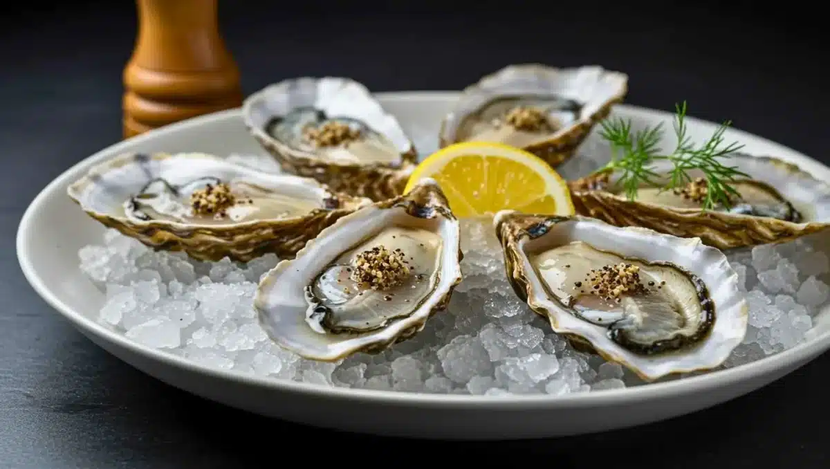 Assiette d’huîtres ouvertes posées sur de la glace, garnies de poivre fraîchement moulu et accompagnées d’un quartier de citron, décor festif en arrière-plan.