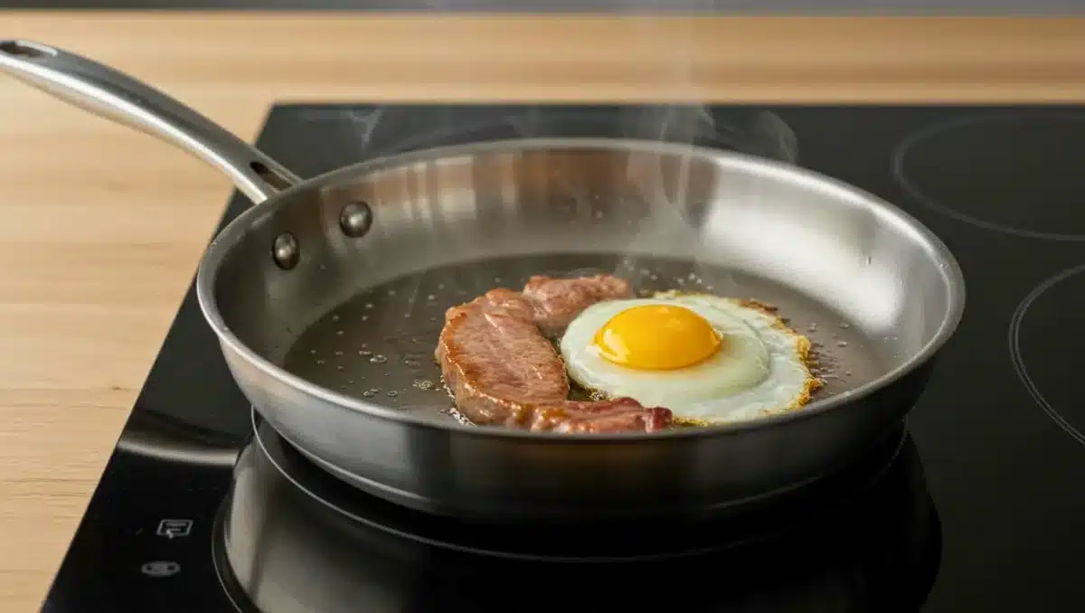 Poêle en inox chauffant sur une plaque, contenant un œuf au plat et une tranche de viande en train de cuire, avec vapeur visible.