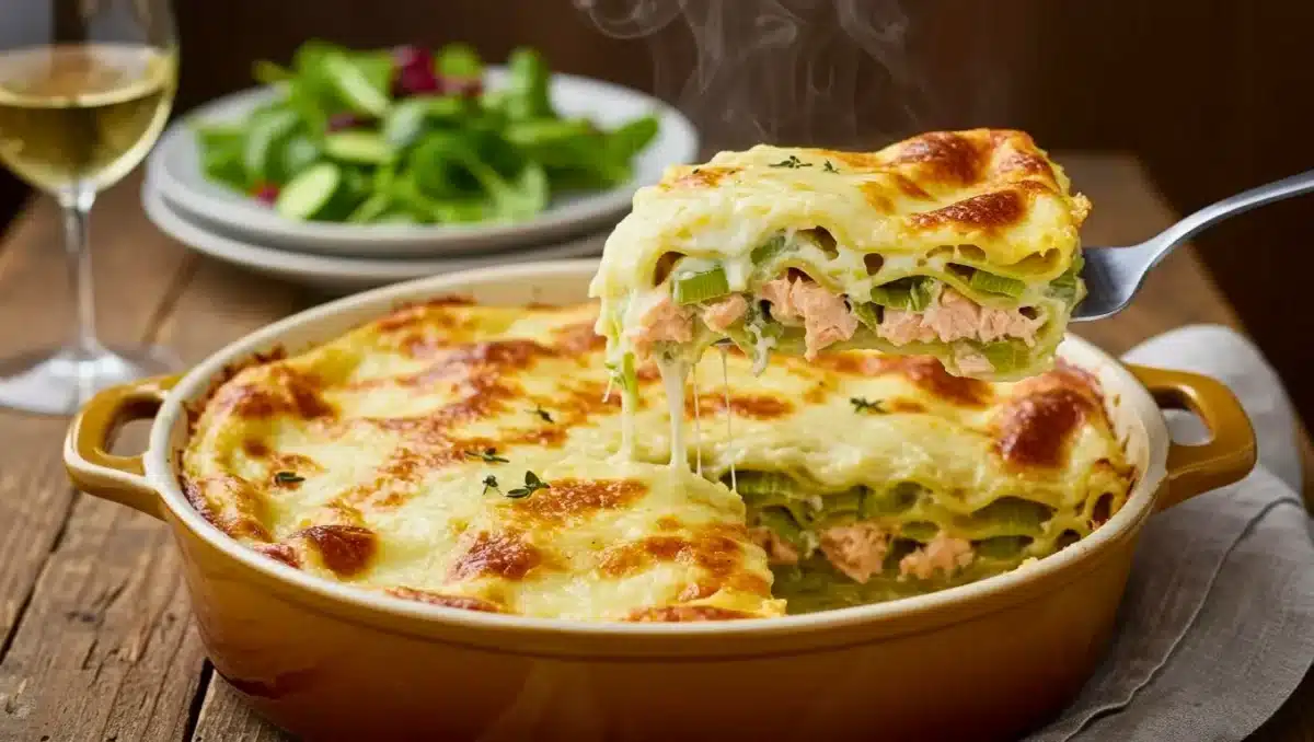 Plat de lasagnes saumon–poireaux gratinées, avec une part fumante soulevée à la fourchette révélant couches de poisson, poireaux et béchamel fondante.