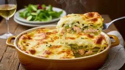 Plat de lasagnes saumon–poireaux gratinées, avec une part fumante soulevée à la fourchette révélant couches de poisson, poireaux et béchamel fondante.
