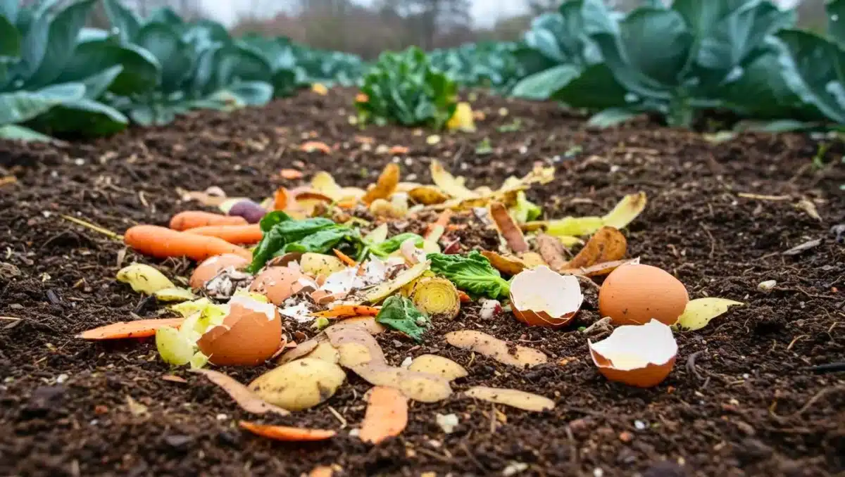 Déchets de cuisine compostables sur une parcelle potagère pour enrichir le sol au naturel