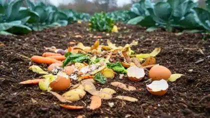 Déchets de cuisine compostables sur une parcelle potagère pour enrichir le sol au naturel
