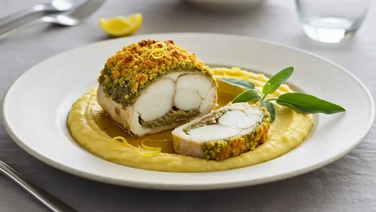 Tranche de rôti de lotte en croûte de foie gras et parmesan, posée sur une purée de panais crémeuse, avec zestes de citron et feuilles de sauge en décoration, dans une assiette claire sur une table raffinée.