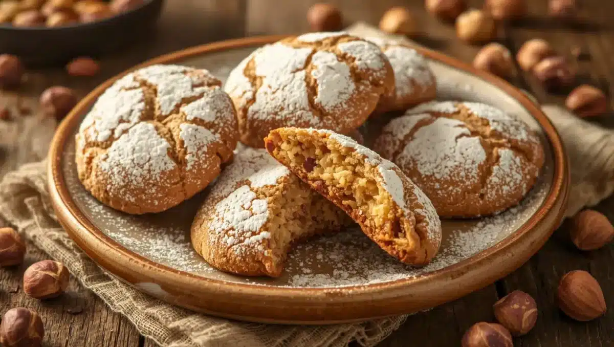 Biscuits à la noisette saupoudrés de sucre glace, légèrement fissurés, présentés sur une assiette rustique, avec un biscuit coupé révélant un cœur moelleux.