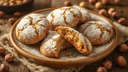 Biscuits à la noisette saupoudrés de sucre glace, légèrement fissurés, présentés sur une assiette rustique, avec un biscuit coupé révélant un cœur moelleux.