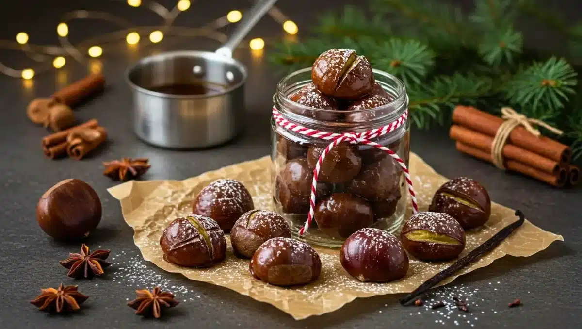 Marrons glacés disposés autour d’un bocal décoré d’une ficelle rouge et blanche, avec sucre glace, épices et branches de sapin en décoration.