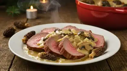 Assiette de filet mignon de veau tranché, servi avec une sauce crémeuse aux morilles et échalotes, vapeur visible, décor rustique en arrière-plan.