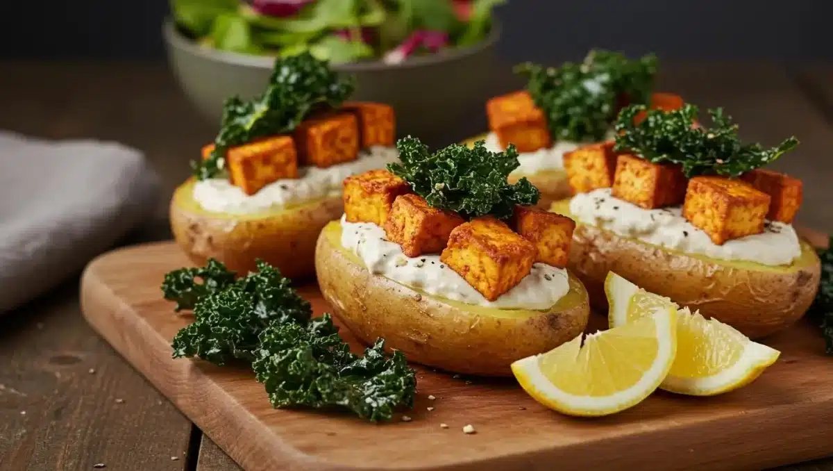 Pommes de terre rôties garnies de tofu épicé, crème de tahini et chips de chou kale croustillantes sur une planche en bois.