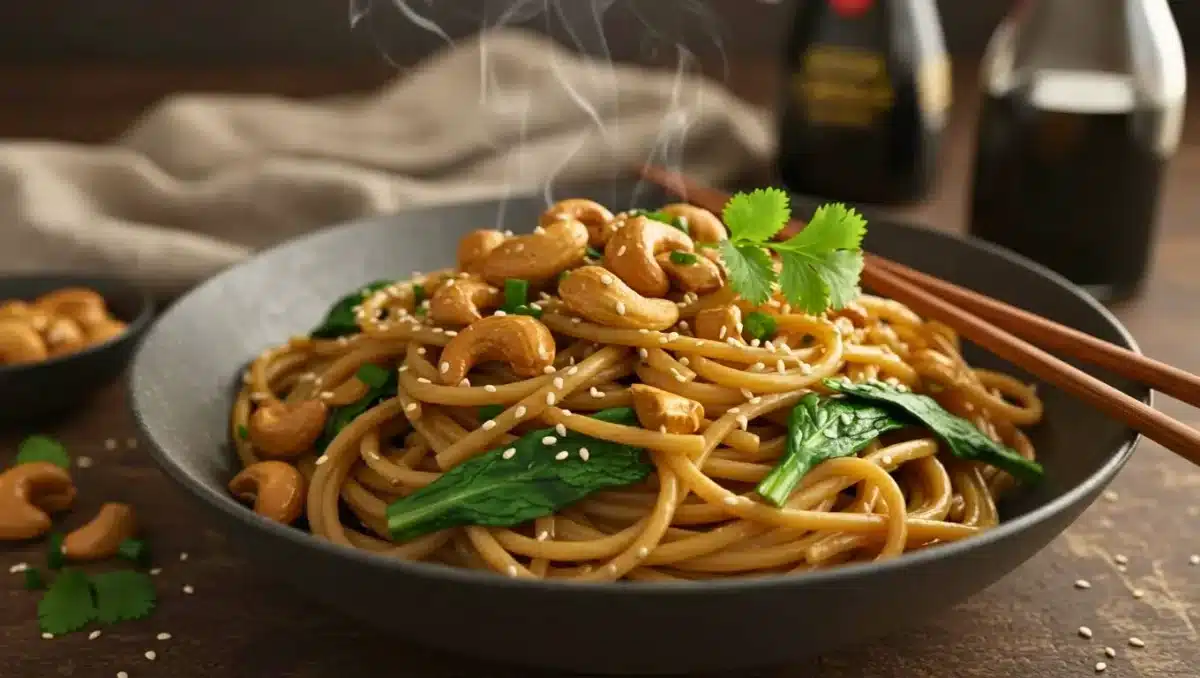 Bol de pâtes sautées à la sauce soja avec épinards, noix de cajou grillées, graines de sésame et coriandre fraîche, servi avec des baguettes asiatiques.