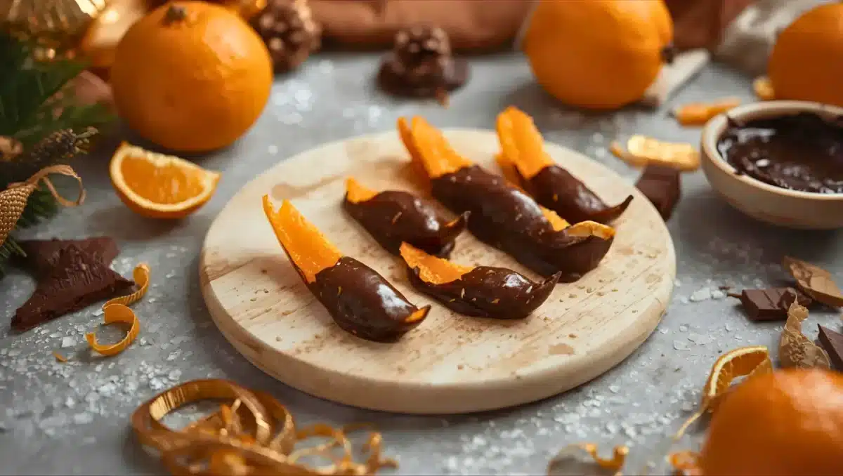 Orangettes maison : lamelles d’orange confite partiellement trempées dans du chocolat noir, disposées sur une planche avec des oranges fraîches.