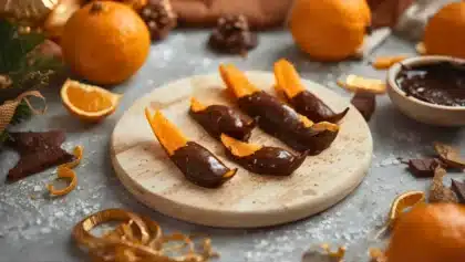 Orangettes maison : lamelles d’orange confite partiellement trempées dans du chocolat noir, disposées sur une planche avec des oranges fraîches.