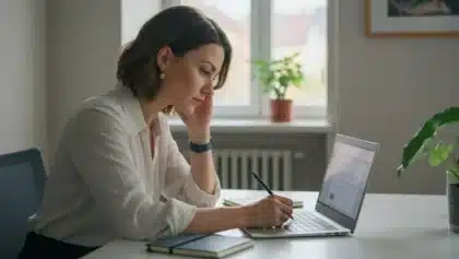 Femme concentrée devant un ordinateur portable, prenant des notes dans un bureau lumineux, illustrant la rédaction soignée de mails professionnels et la recherche de la bonne formule de politesse comme « merci d’avance » ou « je vous remercie par avance ».