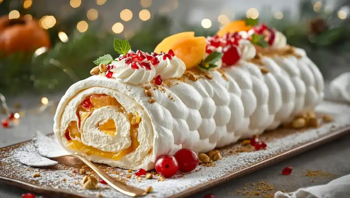Bûche pavlova roulée à la meringue garnie de chantilly citronnée, kaki, grenade et pistaches, dressée sur une table de fête.