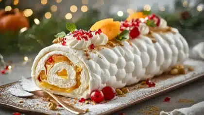 Bûche pavlova roulée à la meringue garnie de chantilly citronnée, kaki, grenade et pistaches, dressée sur une table de fête.
