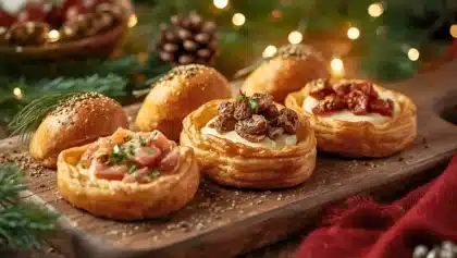 Mini feuilletés apéritifs dorés garnis de fromage frais, saumon fumé, thon et légumes, présentés sur une planche en bois dans une ambiance de Noël.