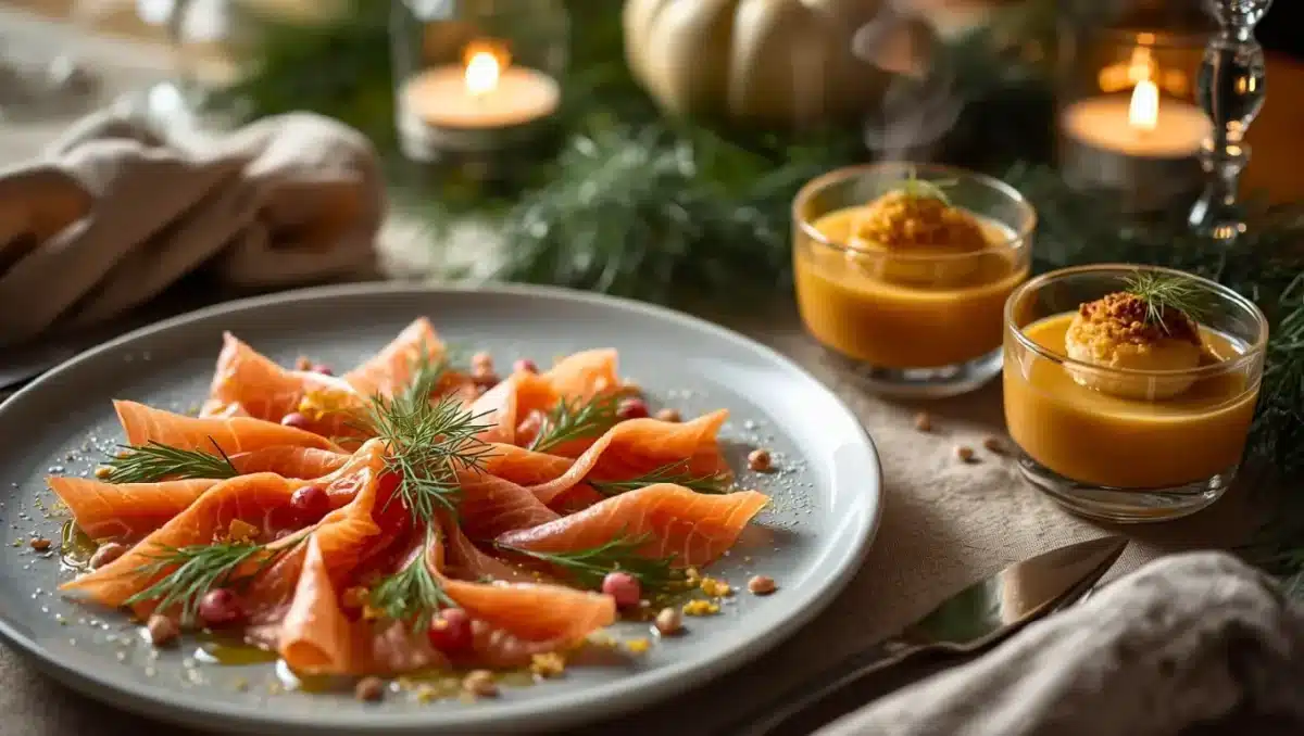Assiette de carpaccio de saumon à l’aneth dressé en rosace, accompagnée de verrines de velouté de potimarron, sur une table de Noël chaleureuse et élégante.