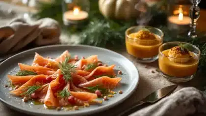 Assiette de carpaccio de saumon à l’aneth dressé en rosace, accompagnée de verrines de velouté de potimarron, sur une table de Noël chaleureuse et élégante.