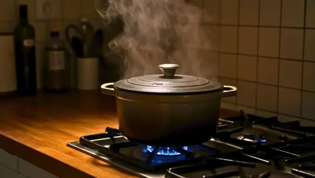 Cocotte en fonte fermée posée sur une gazinière allumée, dégageant de la vapeur dans une cuisine sombre.