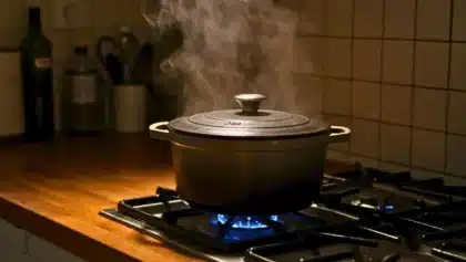 Cocotte en fonte fermée posée sur une gazinière allumée, dégageant de la vapeur dans une cuisine sombre.