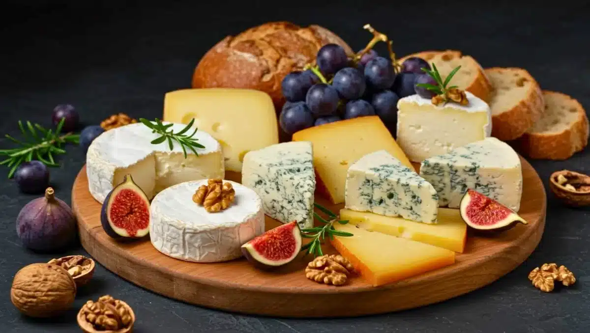 Plateau rond en bois garni de fromages variés (bleus, pâtes molles, pâtes dures), figues, raisins, noix et pain, présenté sur une table sombre.