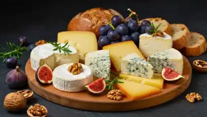 Plateau rond en bois garni de fromages variés (bleus, pâtes molles, pâtes dures), figues, raisins, noix et pain, présenté sur une table sombre.