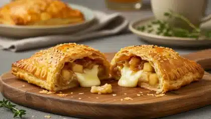 Feuilletés dorés au brie, pommes et oignons caramélisés, coupés en deux avec fromage fondant qui s’échappe, posés sur une planche en bois avec graines de sésame sur la pâte.