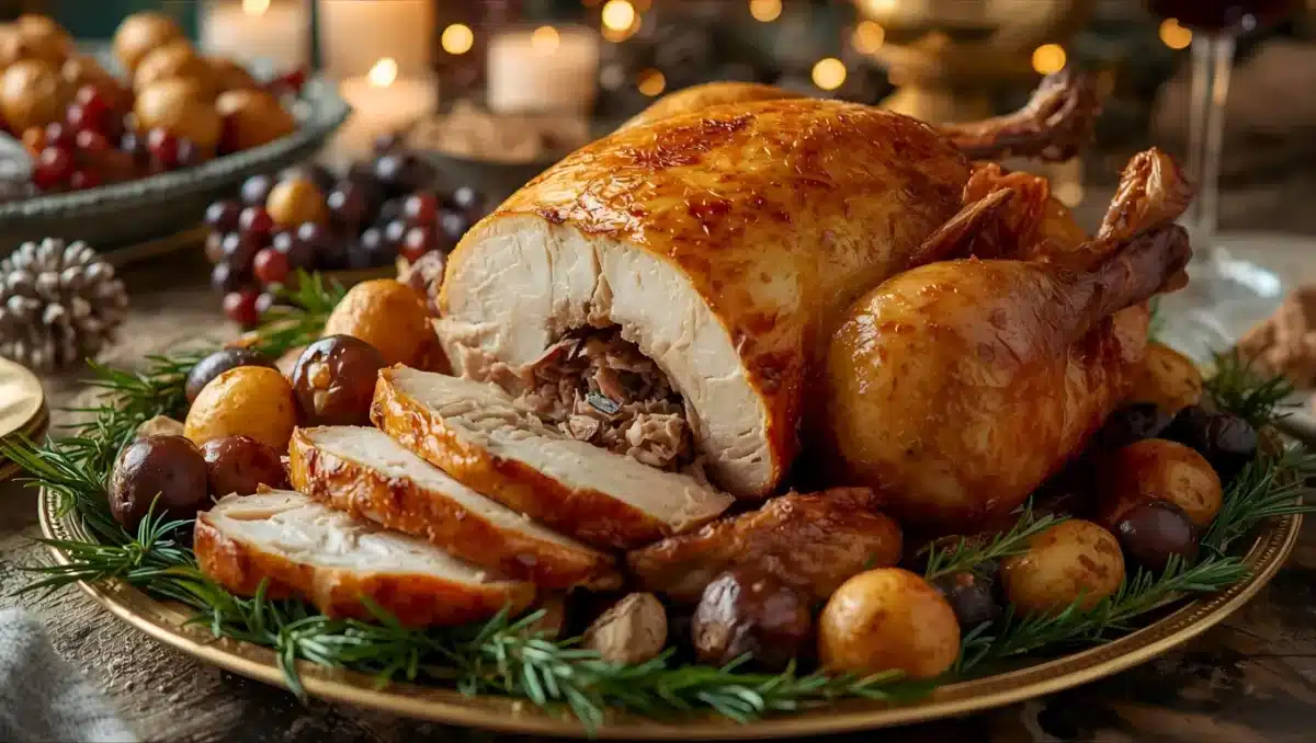 Poularde rôtie de Noël servie sur un plat festif avec pommes de terre, raisins et herbes aromatiques.