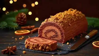Bûche roulée au chocolat décorée de streusel croustillant et de zestes d’orange, posée sur une ardoise avec une tranche coupée au premier plan, ambiance de fête avec lumières floues, épices et branches de sapin.