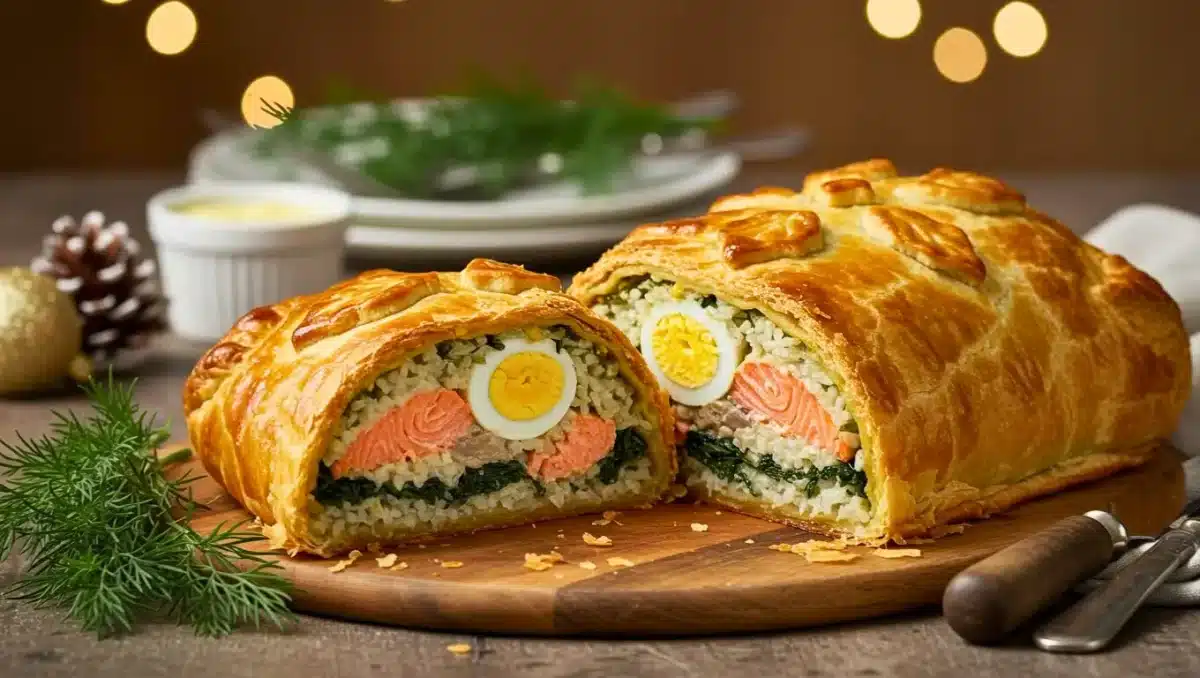 Koulibiac de saumon coupé en deux, montrant les couches de riz, épinards, saumon et œufs durs sous une pâte feuilletée dorée, présenté sur une planche en bois dans un décor festif.
