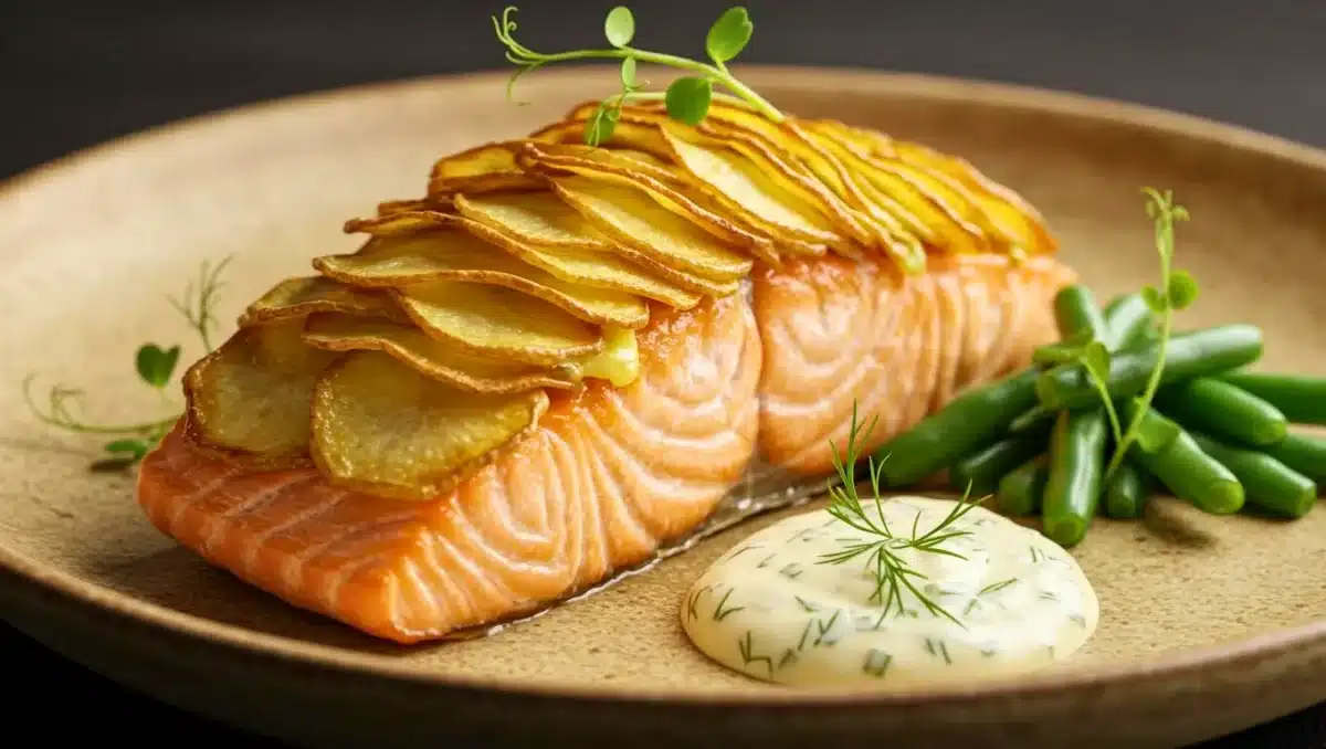 Pavé de saumon rôti recouvert de fines rondelles de pommes de terre dorées façon écailles, servi avec des haricots verts et une sauce à l’aneth dans une assiette élégante.