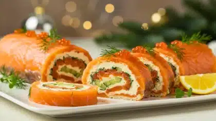 Bûche salée au saumon fumé garnie de fromage frais aux herbes et de concombre, décorée d’aneth et d’œufs de saumon, avec plusieurs tranches découpées sur un plat festif.