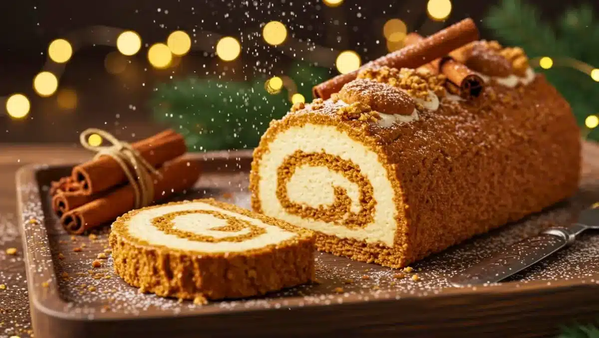 Bûche roulée au spéculoos avec crème au mascarpone, décorée de cannelle et de miettes de biscuits, présentée avec une tranche coupée et un décor de fête en arrière-plan.
