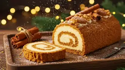 Bûche roulée au spéculoos avec crème au mascarpone, décorée de cannelle et de miettes de biscuits, présentée avec une tranche coupée et un décor de fête en arrière-plan.