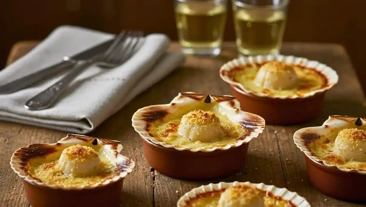 Coquilles Saint-Jacques gratinées avec sauce au vin blanc, chapelure dorée et noix légèrement rôties, servies dans des coquilles individuelles.