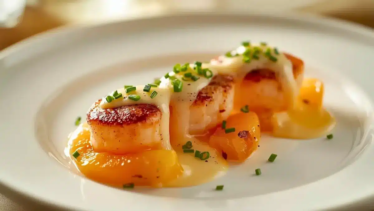 Noix de Saint-Jacques poêlées nappées d’une sauce aux agrumes, servies avec des quartiers de clémentine rôtis et parsemées de ciboulette sur une assiette blanche.